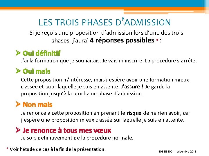 LES TROIS PHASES D’ADMISSION Si je reçois une proposition d’admission lors d’une des trois