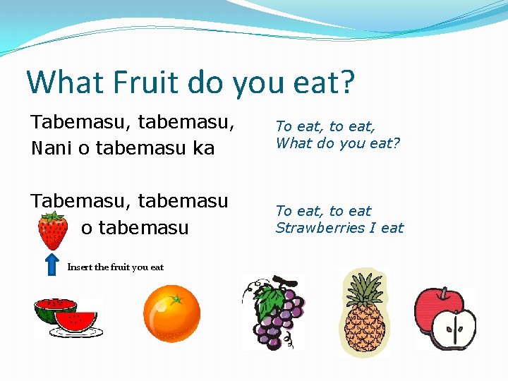 What Fruit do you eat? Tabemasu, tabemasu, Nani o tabemasu ka To eat, to