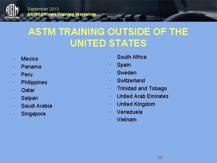 September 2013 ASTM Officers Training Workshop ASTM TRAINING OUTSIDE OF THE UNITED STATES •