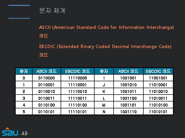 문자 체계 ASCII (American Standard Code for Information Interchange) 코드 EBCDIC (Extended Binary Coded