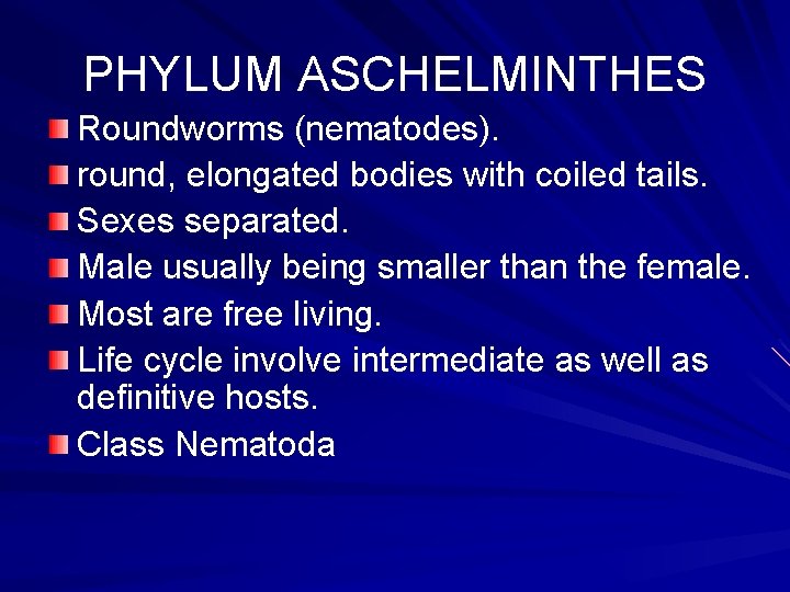 PHYLUM ASCHELMINTHES Roundworms (nematodes). round, elongated bodies with coiled tails. Sexes separated. Male usually