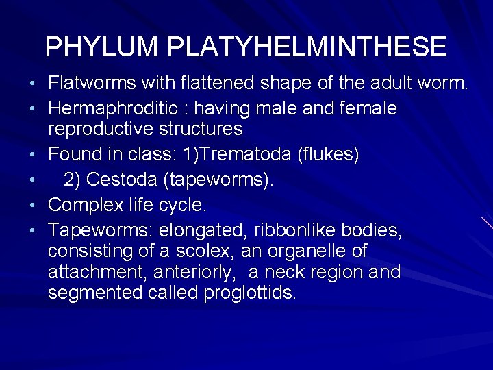 PHYLUM PLATYHELMINTHESE • Flatworms with flattened shape of the adult worm. • Hermaphroditic :