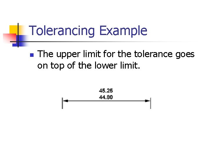 Tolerancing Example n The upper limit for the tolerance goes on top of the