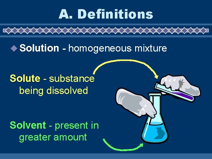 A. Definitions u Solution - homogeneous Solute - substance being dissolved Solvent - present