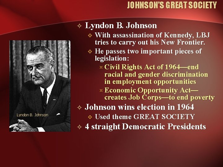 JOHNSON’S GREAT SOCIETY ² Lyndon B. Johnson ± ± ² Lyndon B. Johnson wins JOHNSON’S GREAT SOCIETY ² Lyndon B. Johnson ± ± ² Lyndon B. Johnson wins