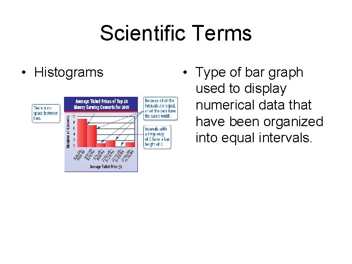 Scientific Terms • Histograms • Type of bar graph used to display numerical data