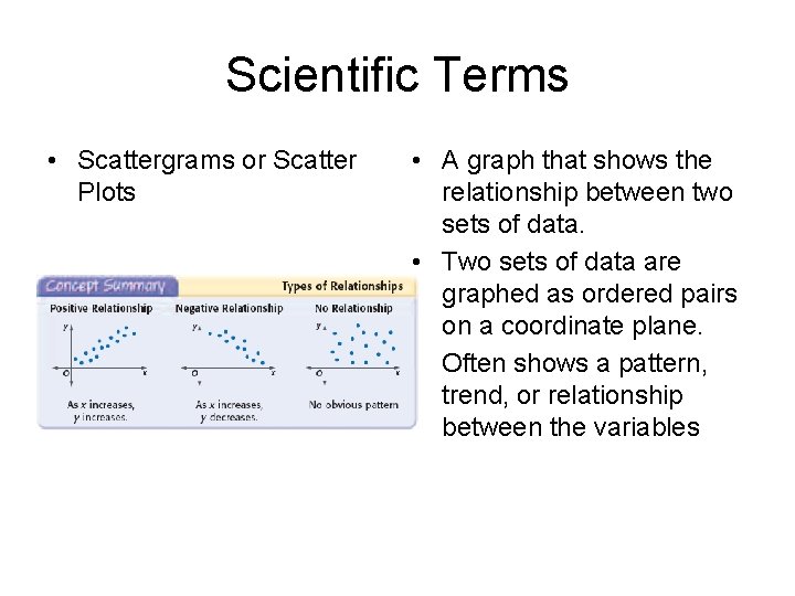 Scientific Terms • Scattergrams or Scatter Plots • A graph that shows the relationship