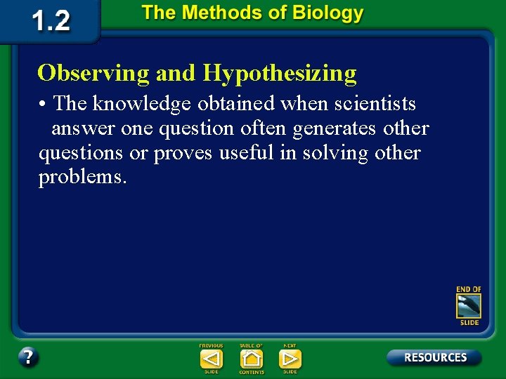 Observing and Hypothesizing • The knowledge obtained when scientists answer one question often generates