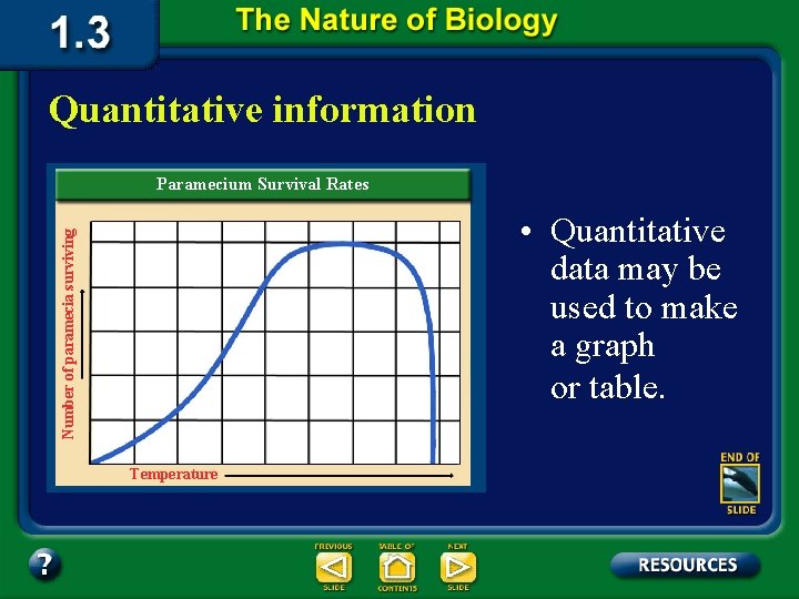 Quantitative information Paramecium Survival Rates Number of paramecia surviving • Quantitative data may be