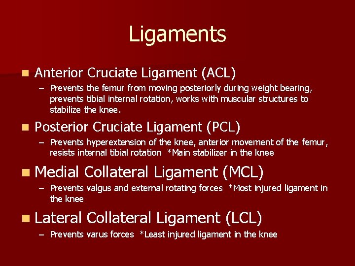 Ligaments n Anterior Cruciate Ligament (ACL) – Prevents the femur from moving posteriorly during
