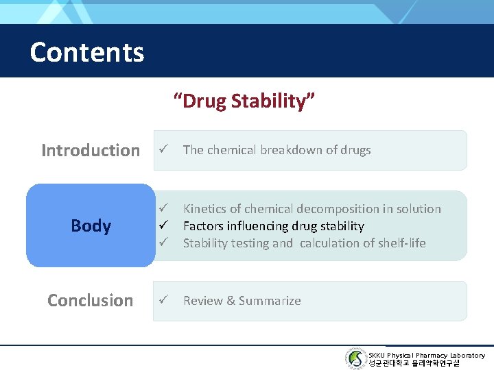 Contents “Drug Stability” Introduction Body Conclusion ü The chemical breakdown of drugs ü Kinetics