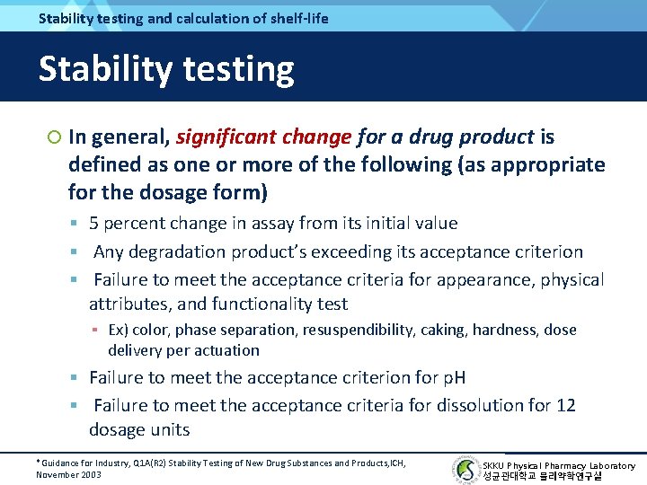 Stability testing and calculation of shelf-life Stability testing In general, significant change for a