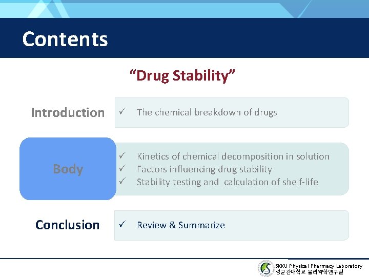 Contents “Drug Stability” Introduction Body Conclusion ü The chemical breakdown of drugs ü Kinetics