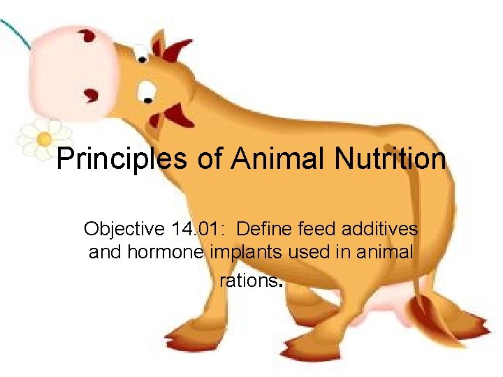 Principles of Animal Nutrition Objective 14. 01: Define feed additives and hormone implants used