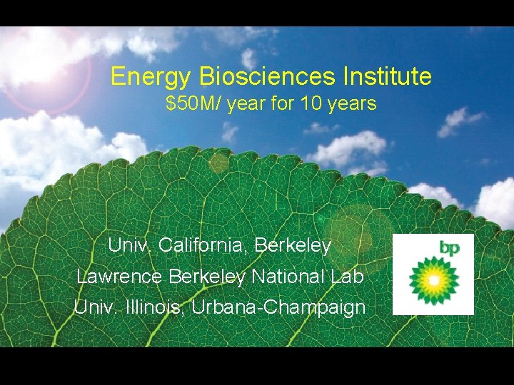 Energy Biosciences Institute $50 M/ year for 10 years Univ. California, Berkeley Lawrence Berkeley