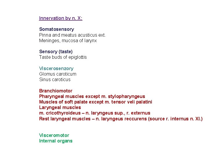 Innervation by n. X: Somatosensory Pinna and meatus acusticus ext. Meninges, mucosa of larynx