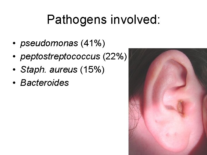 Pathogens involved: • • pseudomonas (41%) peptostreptococcus (22%) Staph. aureus (15%) Bacteroides 