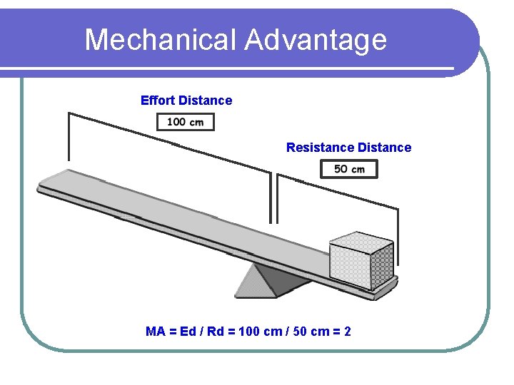 Mechanical Advantage Effort Distance Resistance Distance MA = Ed / Rd = 100 cm
