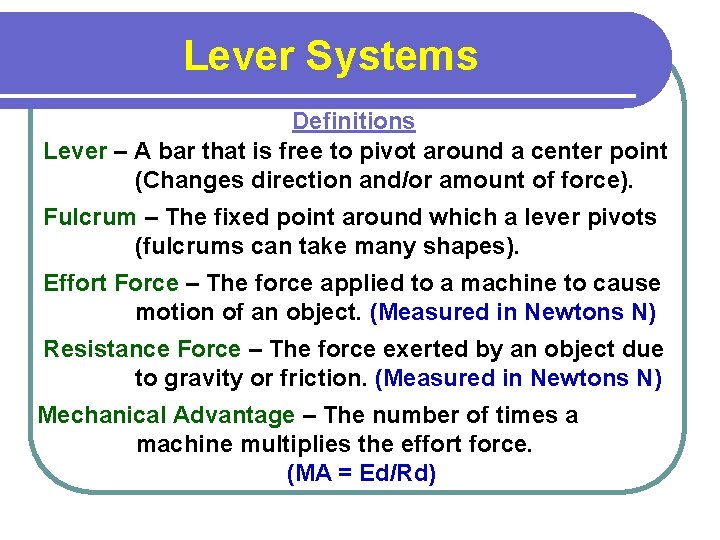 Lever Systems Definitions Lever – A bar that is free to pivot around a