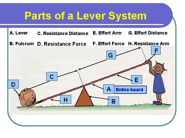 Parts of a Lever System A. Lever C. Resistance Distance B. Fulcrum D. Resistance