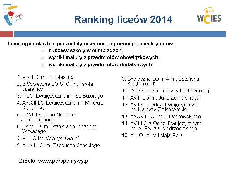  Ranking liceów 2014 Licea ogólnokształcące zostały ocenione za pomocą trzech kryteriów: q sukcesy