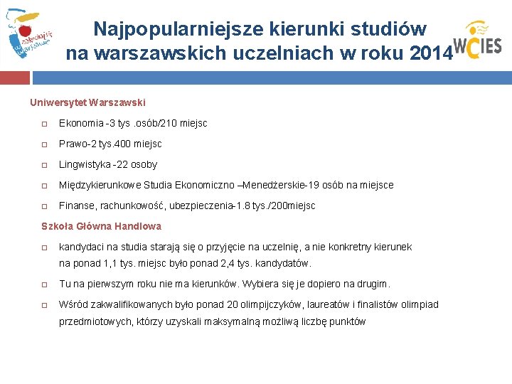 Najpopularniejsze kierunki studiów na warszawskich uczelniach w roku 2014 Uniwersytet Warszawski Ekonomia 3 tys.
