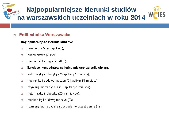 Najpopularniejsze kierunki studiów na warszawskich uczelniach w roku 2014 Politechnika Warszawska Najpopularniejsze kierunki studiów: