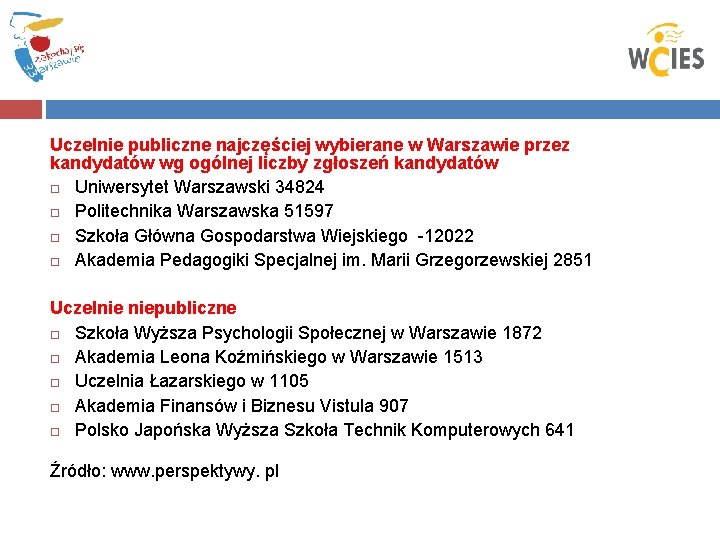 Uczelnie publiczne najczęściej wybierane w Warszawie przez kandydatów wg ogólnej liczby zgłoszeń kandydatów Uniwersytet
