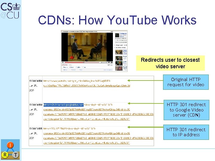 CDNs: How You. Tube Works Redirects user to closest video server Original HTTP request
