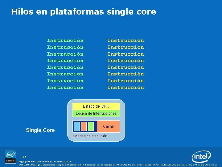 Hilos en plataformas single core Instrucción Instrucción Instrucción Instrucción Estado del CPU Lógica de