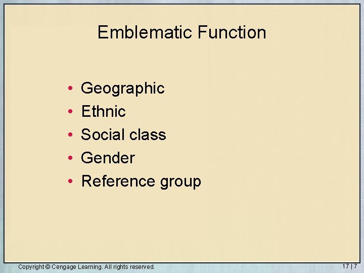 Emblematic Function • • • Geographic Ethnic Social class Gender Reference group Copyright ©