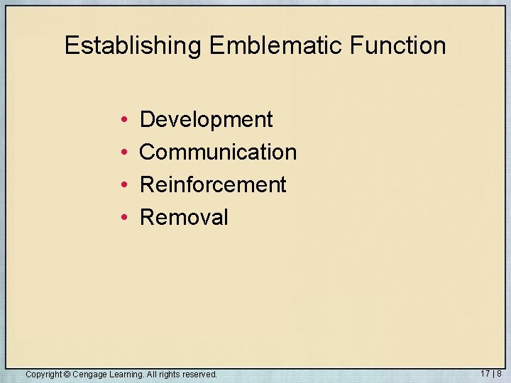 Establishing Emblematic Function • • Development Communication Reinforcement Removal Copyright © Cengage Learning. All
