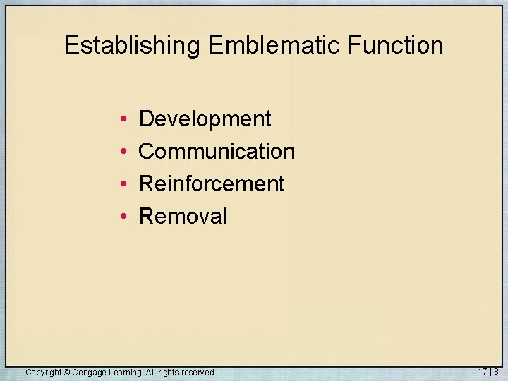Establishing Emblematic Function • • Development Communication Reinforcement Removal Copyright © Cengage Learning. All Establishing Emblematic Function • • Development Communication Reinforcement Removal Copyright © Cengage Learning. All