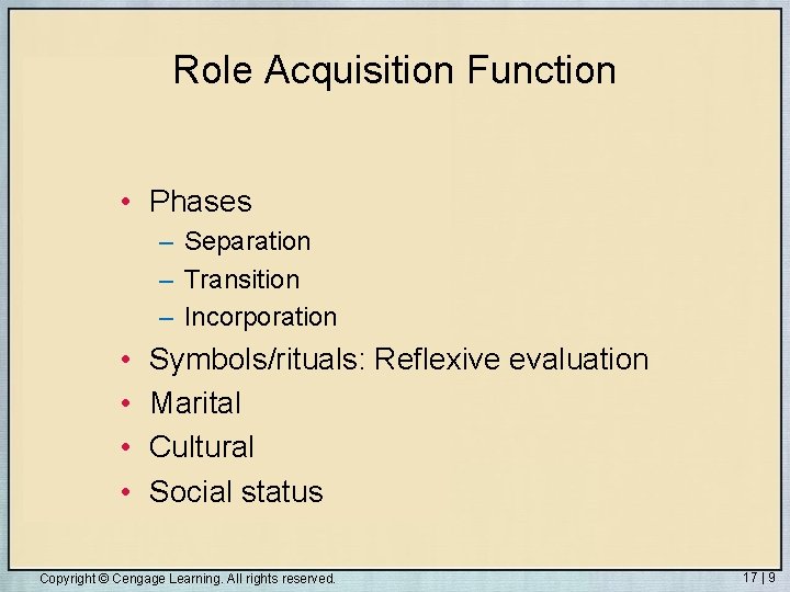 Role Acquisition Function • Phases – Separation – Transition – Incorporation • • Symbols/rituals: