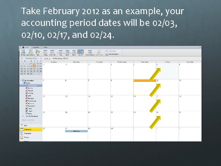 Take February 2012 as an example, your accounting period dates will be 02/03, 02/10,