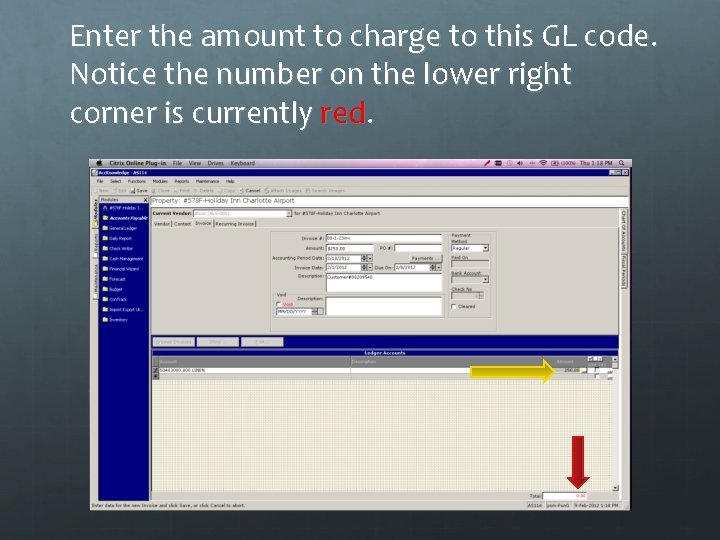 Enter the amount to charge to this GL code. Notice the number on the