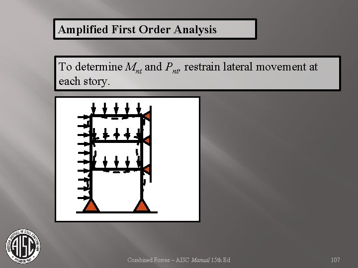 Amplified First Order Analysis To determine Mnt and Pnt, restrain lateral movement at each