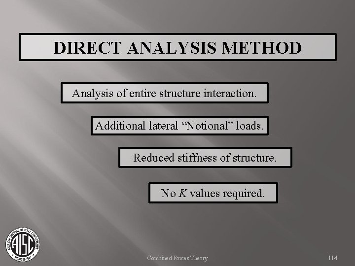 DIRECT ANALYSIS METHOD Analysis of entire structure interaction. Additional lateral “Notional” loads. Reduced stiffness