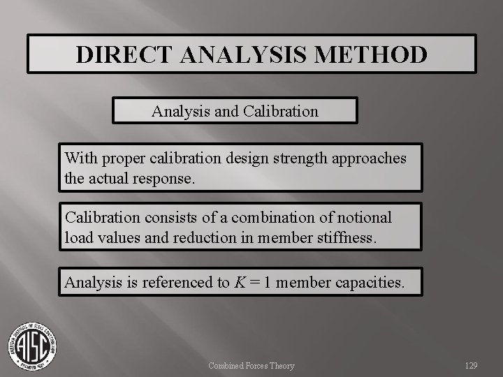 DIRECT ANALYSIS METHOD Analysis and Calibration With proper calibration design strength approaches the actual