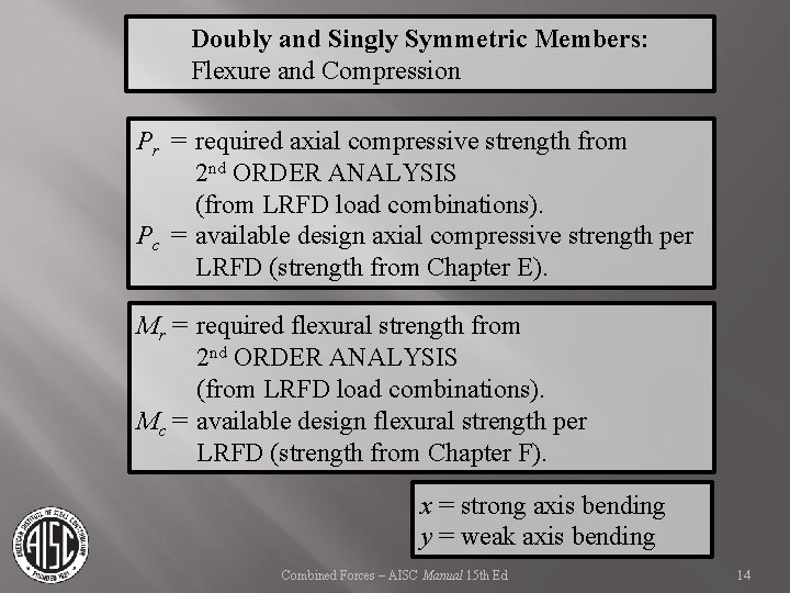 Doubly and Singly Symmetric Members: Flexure and Compression Pr = required axial compressive strength