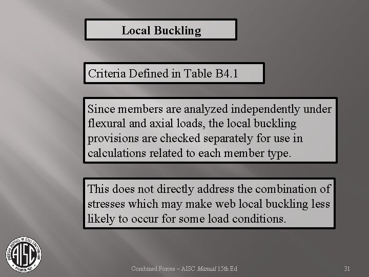Local Buckling Criteria Defined in Table B 4. 1 Since members are analyzed independently