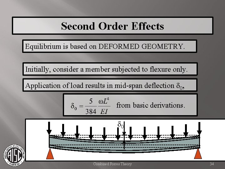 Second Order Effects Equilibrium is based on DEFORMED GEOMETRY. Initially, consider a member subjected