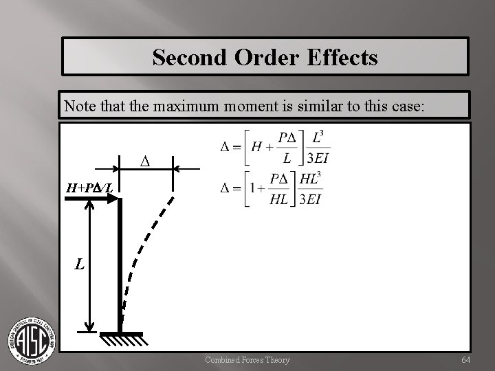Second Order Effects Note that the maximum moment is similar to this case: D