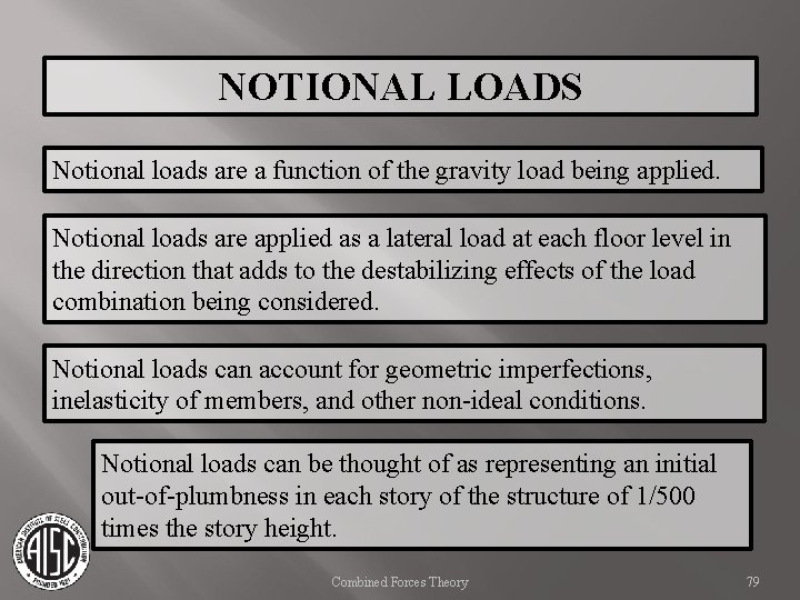 NOTIONAL LOADS Notional loads are a function of the gravity load being applied. Notional