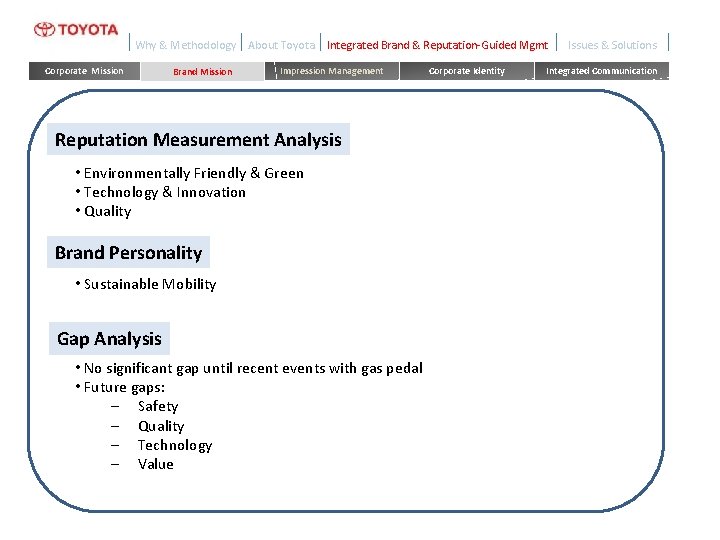 Why & Methodology Corporate Mission Brand Mission About Toyota Integrated Brand & Reputation-Guided Mgmt