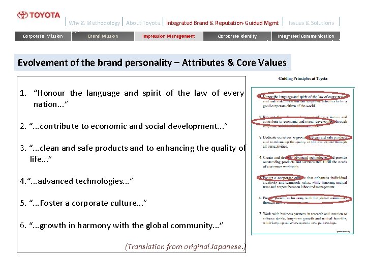 Why & Methodology Corporate Mission About Toyota Integrated Brand & Reputation-Guided Mgmt Impression Management