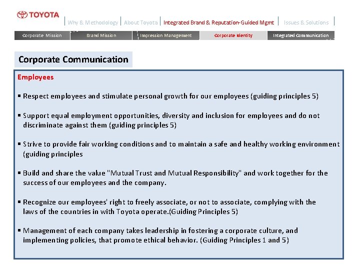 Why & Methodology Corporate Mission About Toyota Brand Mission Integrated Brand & Reputation-Guided Mgmt