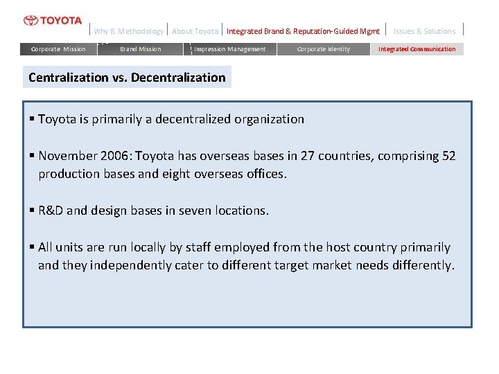 Why & Methodology Corporate Mission Brand Mission About Toyota Integrated Brand & Reputation-Guided Mgmt