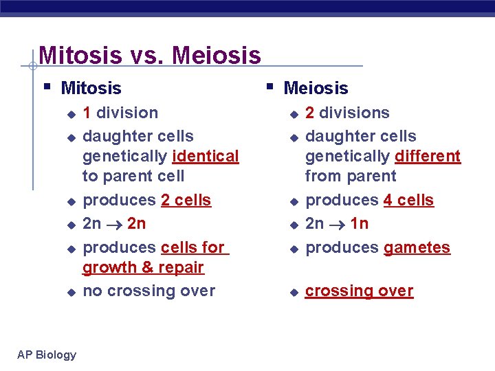 Mitosis vs. Meiosis § Mitosis u u u AP Biology 1 division daughter cells
