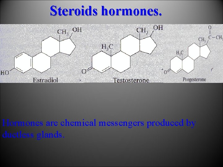 Steroids hormones. Hormones are chemical messengers produced by ductless glands. 
